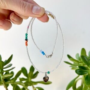 Silver Heart Pendant Necklace with Multicolor Beads